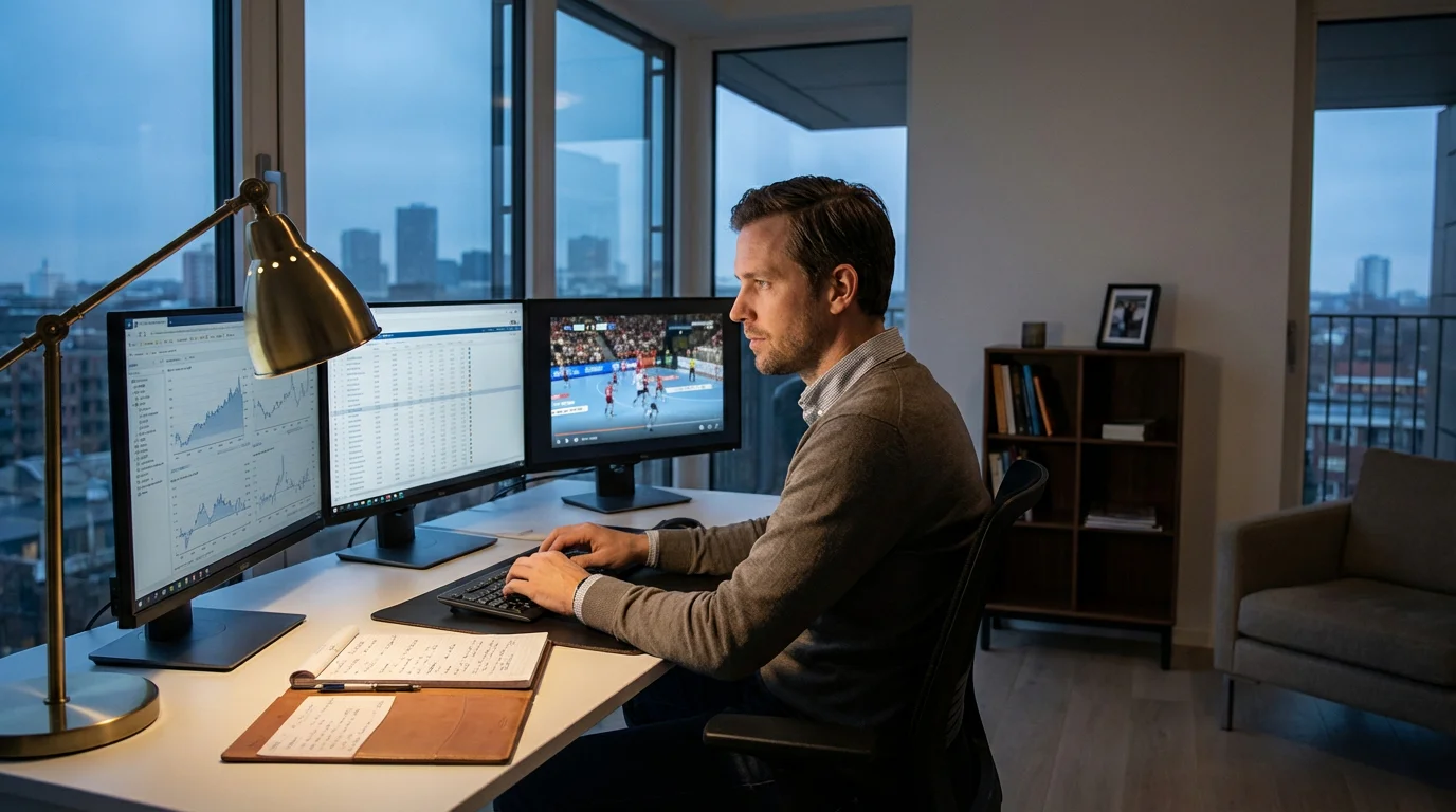 Analyste etudiant les donnees et statistiques de handball sur plusieurs ecrans