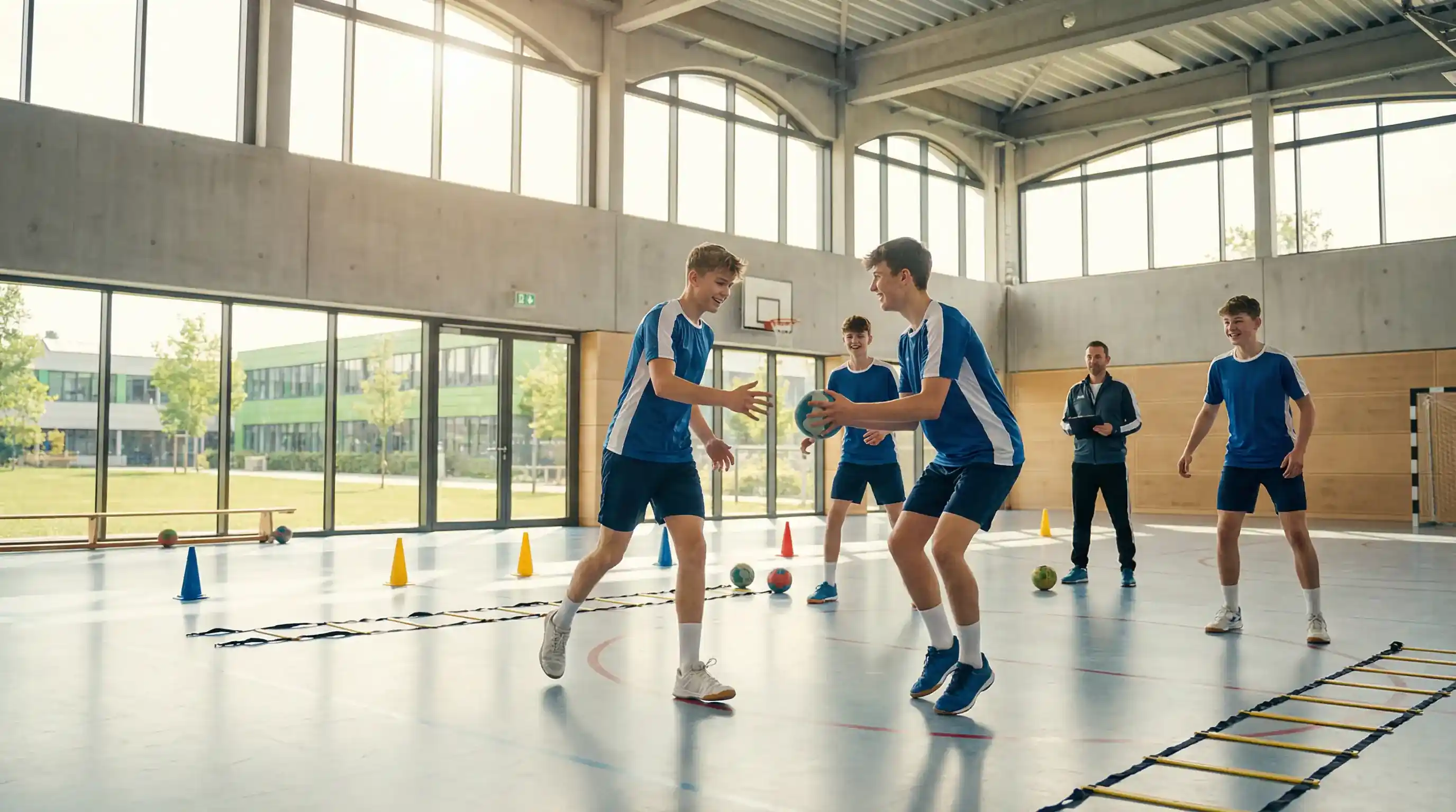 Jeunes joueurs de handball s'entrainant dans un centre de formation moderne