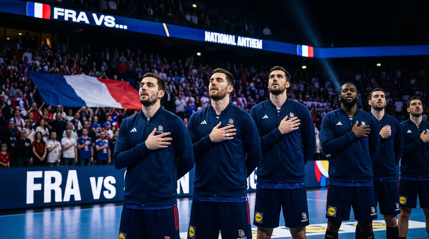 Equipe de France de handball alignee pendant l'hymne national avant un match international