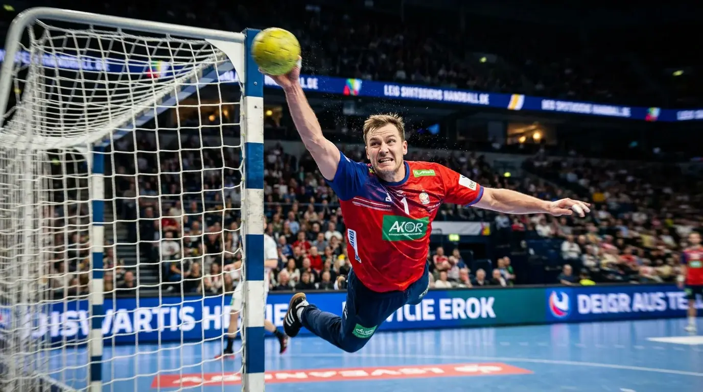 Gardien de handball realisant un arret decisif lors d'un moment crucial du match