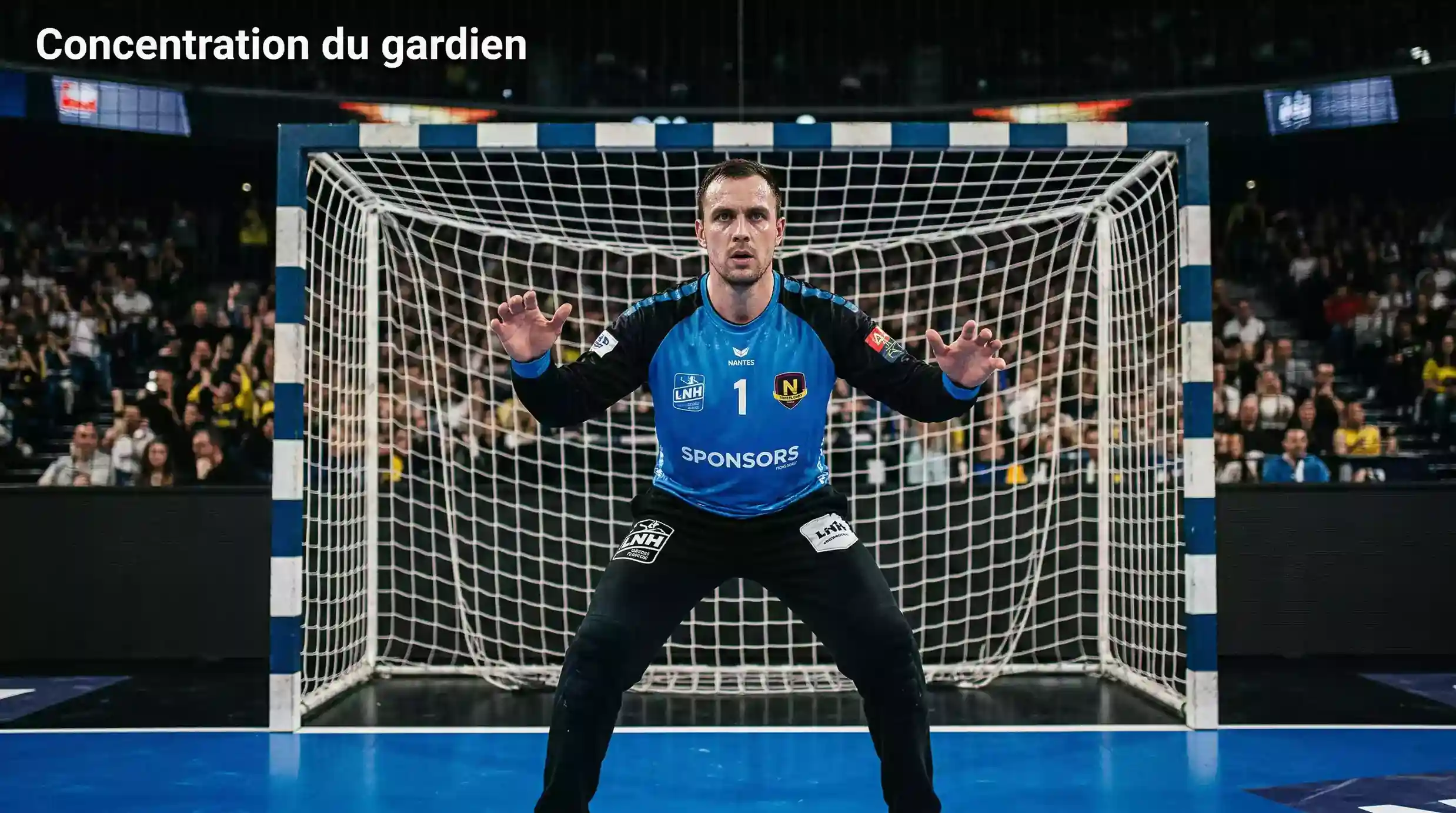 Gardien de handball concentre dans ses cages attendant le tir adverse