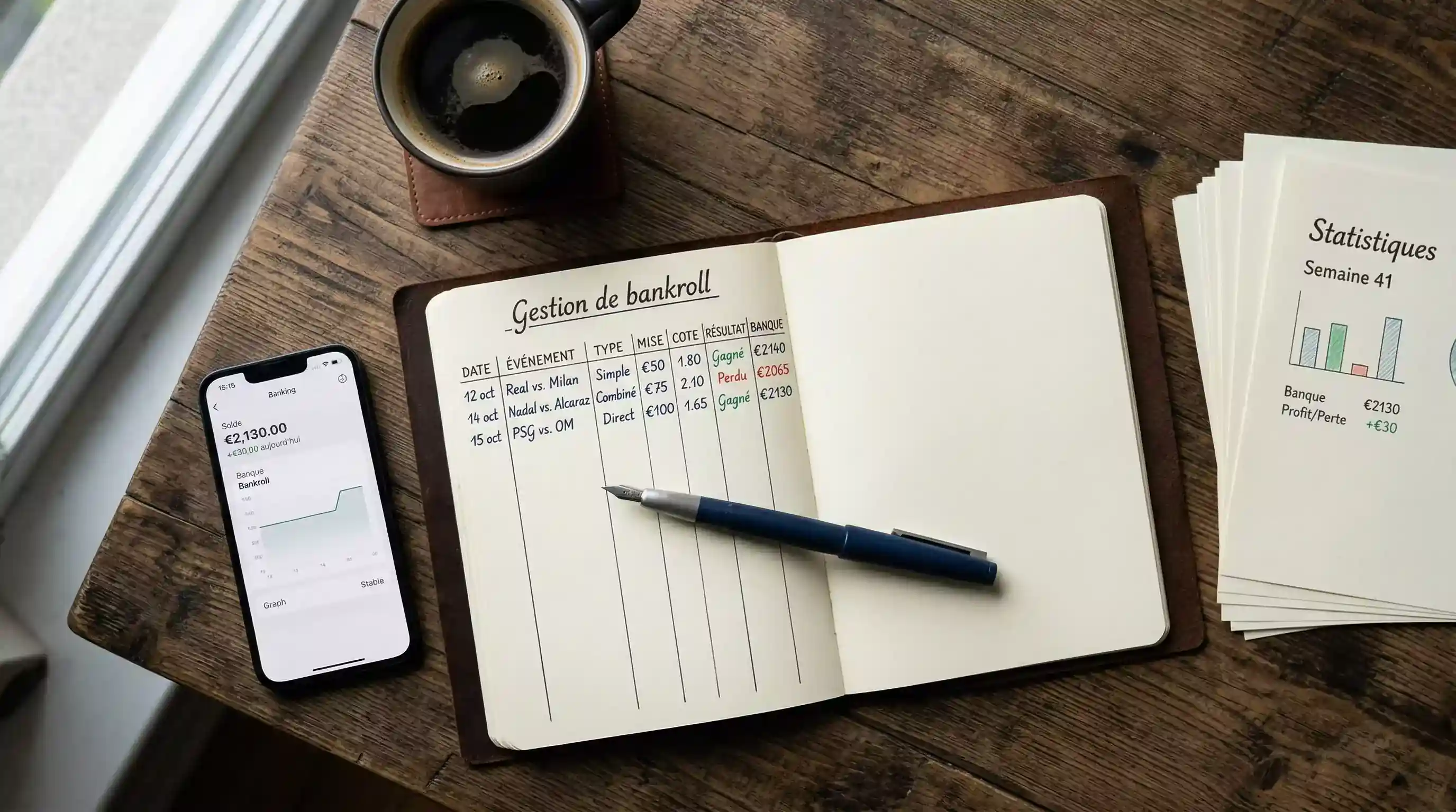 Carnet de notes et stylo pour le suivi rigoureux des paris et de la gestion de bankroll