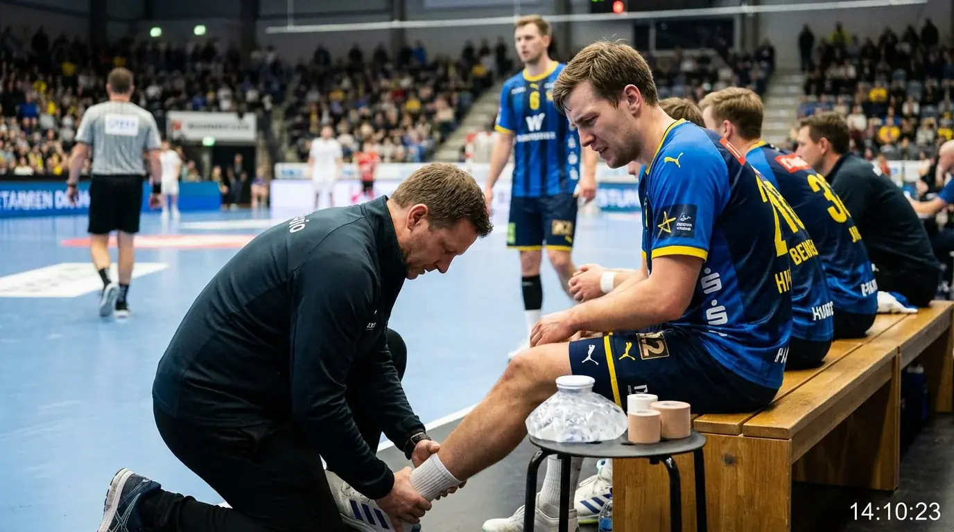 Joueur de handball recevant des soins medicaux sur le banc de touche