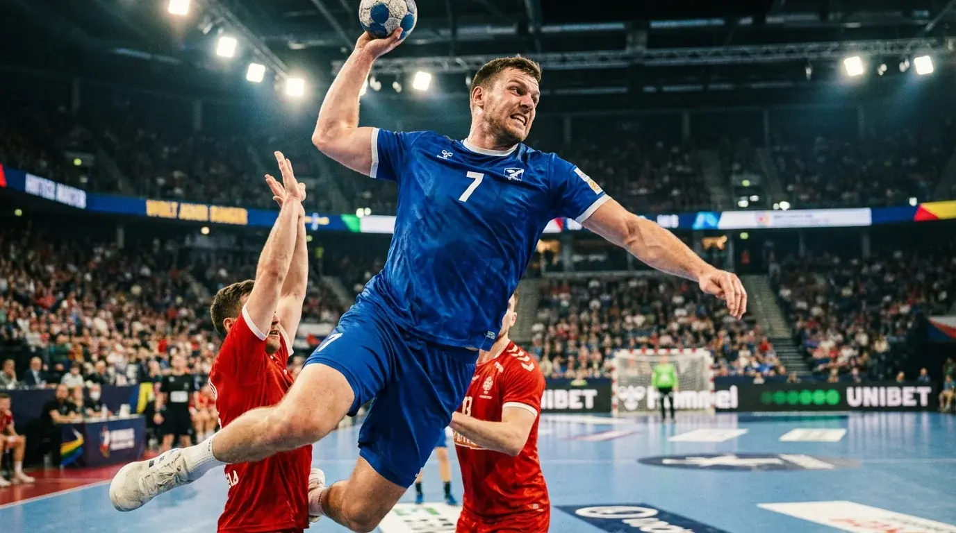 Joueur de handball en pleine action effectuant un tir puissant vers le but
