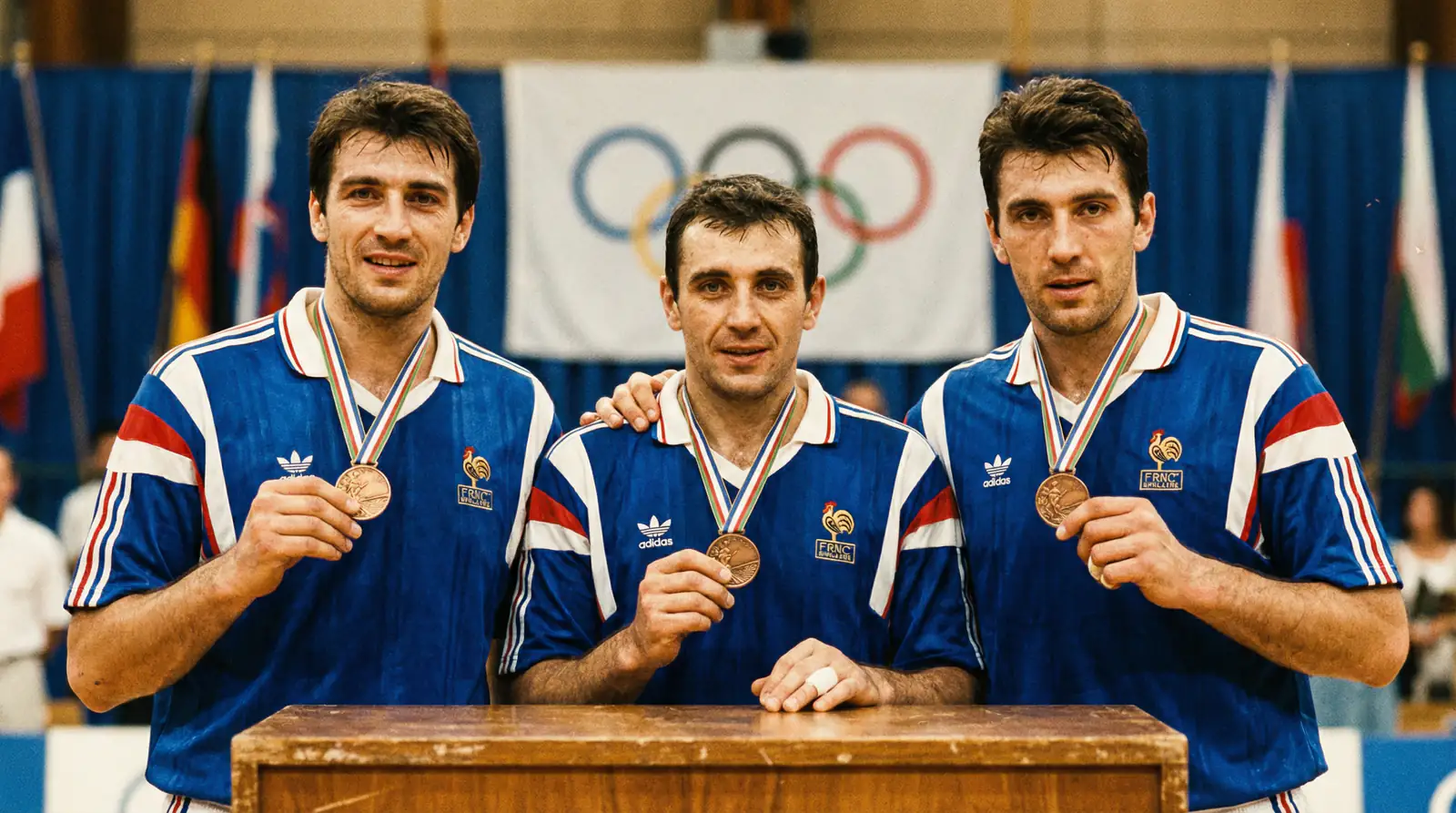 Joueurs de handball francais avec leur medaille de bronze aux Jeux Olympiques