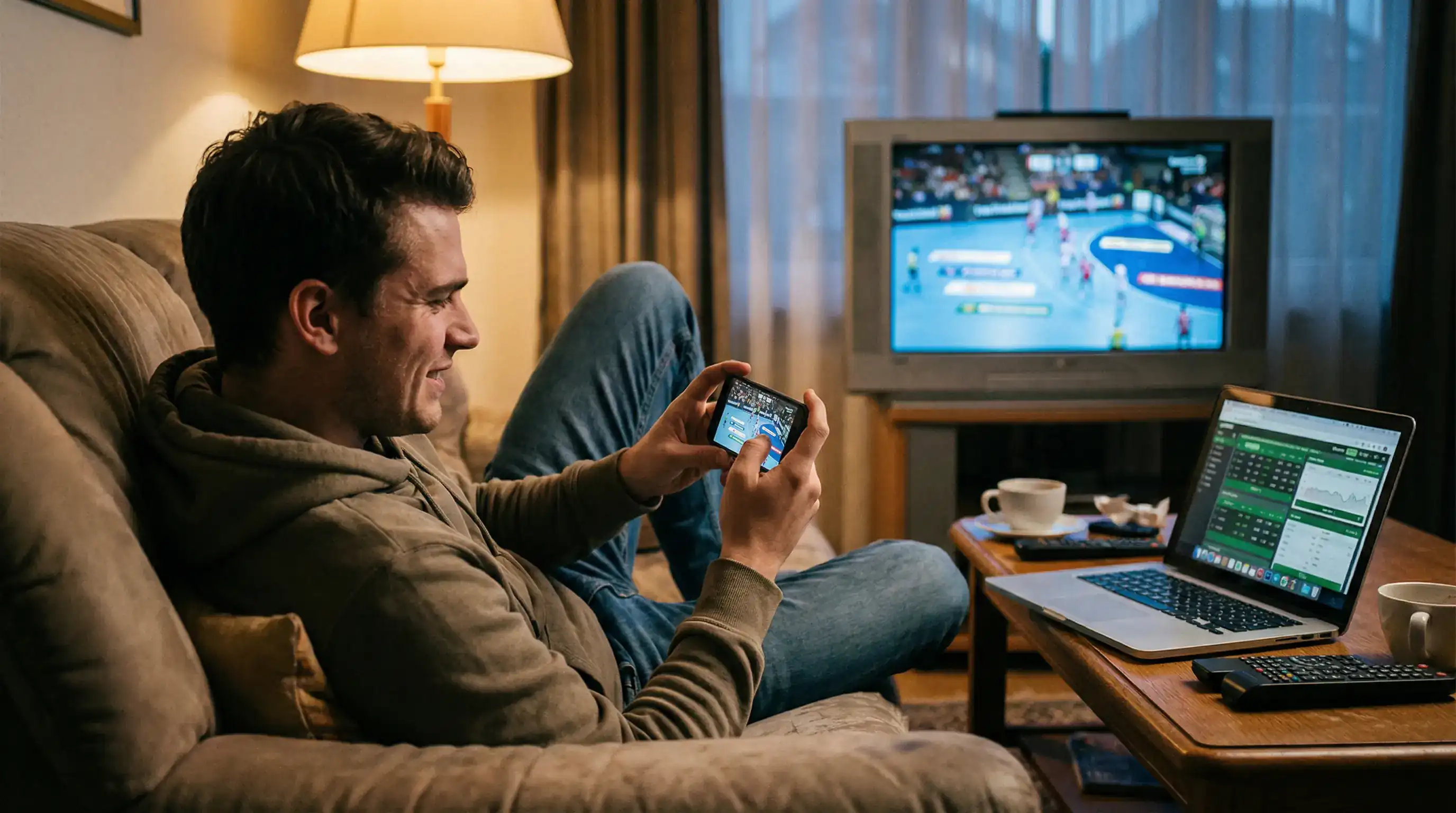Parieur regardant un match de handball en direct sur son smartphone pour les paris live