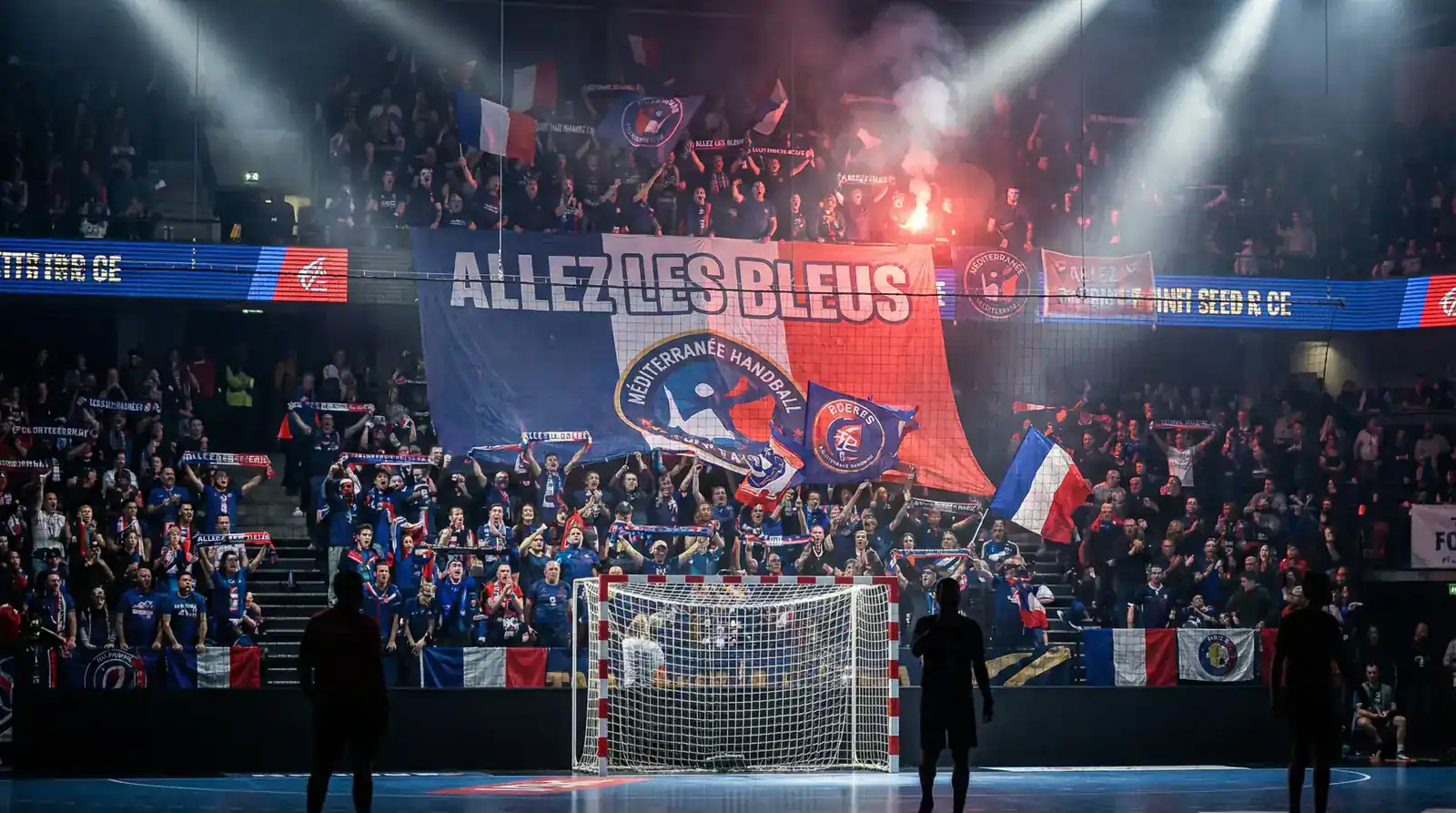Salle de handball avec supporters passionnes creant une ambiance electrique