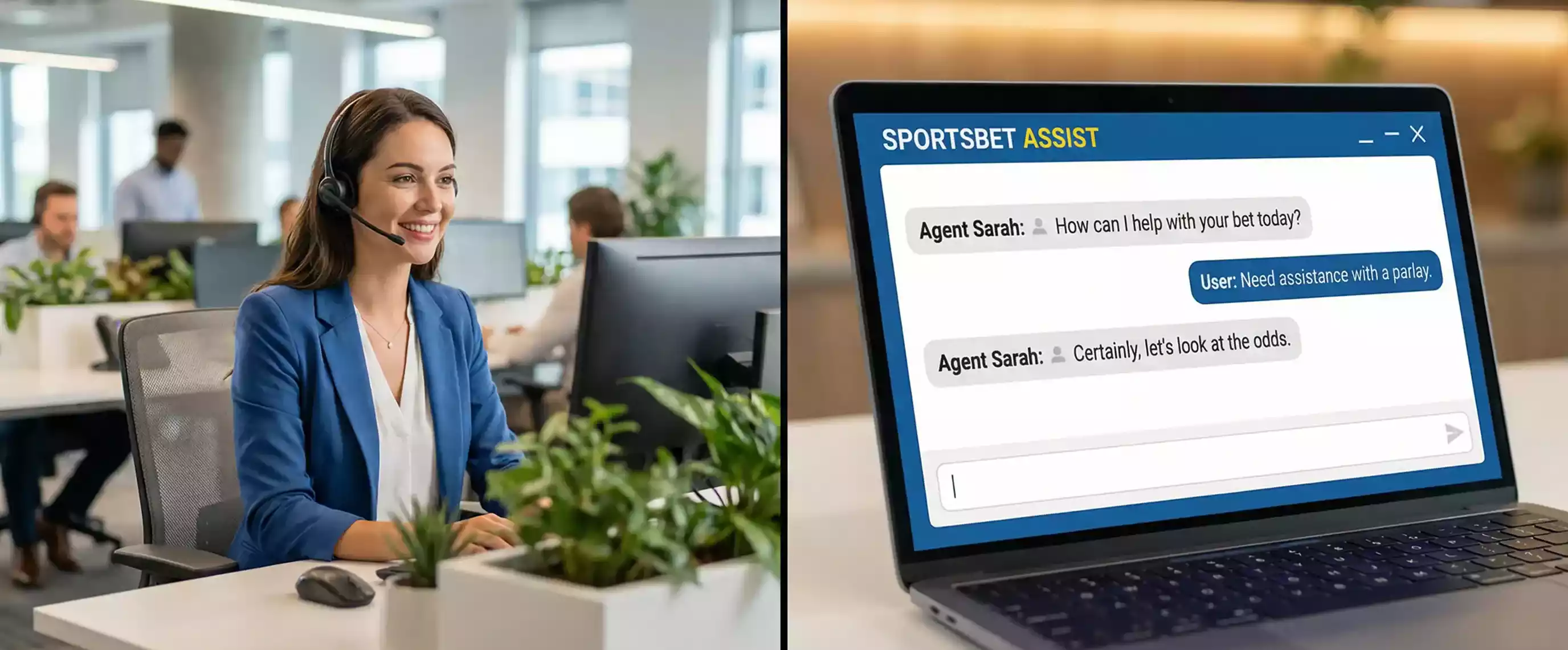 Agent du service client d'un bookmaker assistant un parieur via chat en ligne