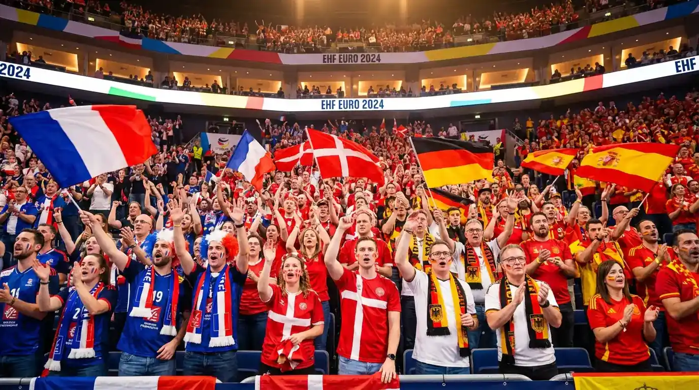 Supporters enthousiastes agitant des drapeaux de differentes nations dans les tribunes d'un match de handball